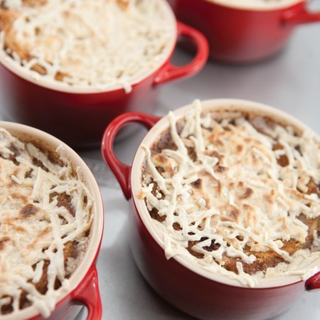 French Onion Soup with a Cheesy Crouton Topping