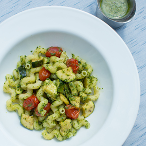 Pasta with Kale Pesto, Roasted Tomatoes, and Zucchini