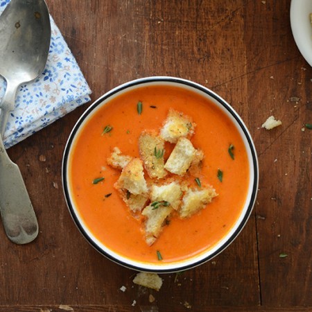 Roasted Red Pepper Soup with Cheesy Herb and Garlic Croutons