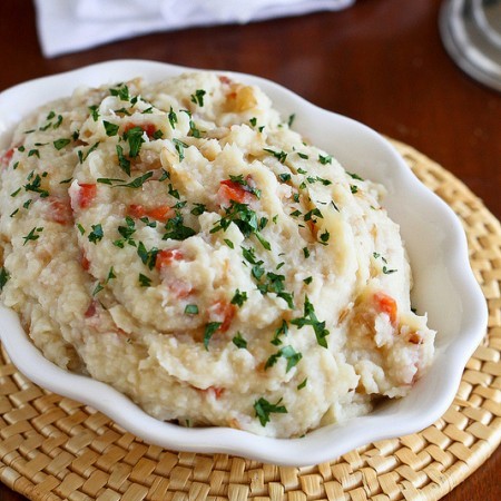 Vegan Mashed Potato & Cauliflower Recipe with Roasted Peppers & Caramelized Onions