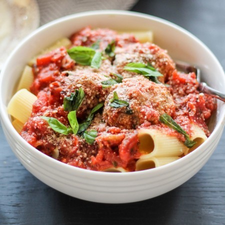 Baked Turkey Parmesan Meatballs with Rigatoni and Chunky Tomato Basil Sauce